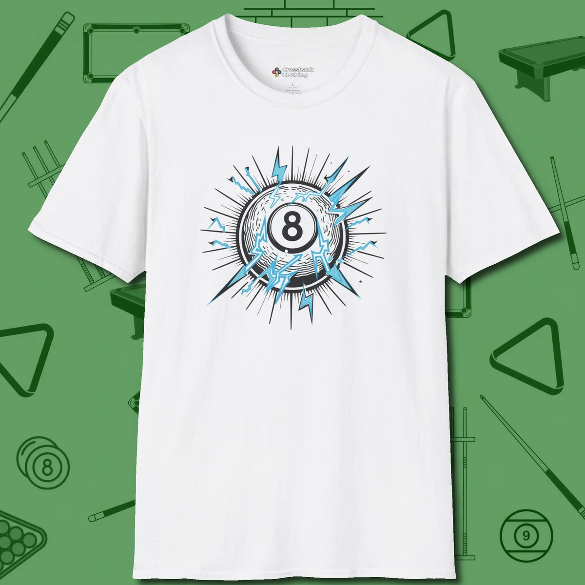 Electric Charge Eight Ball T-Shirt, front view, in White because you don’t just play — you represent