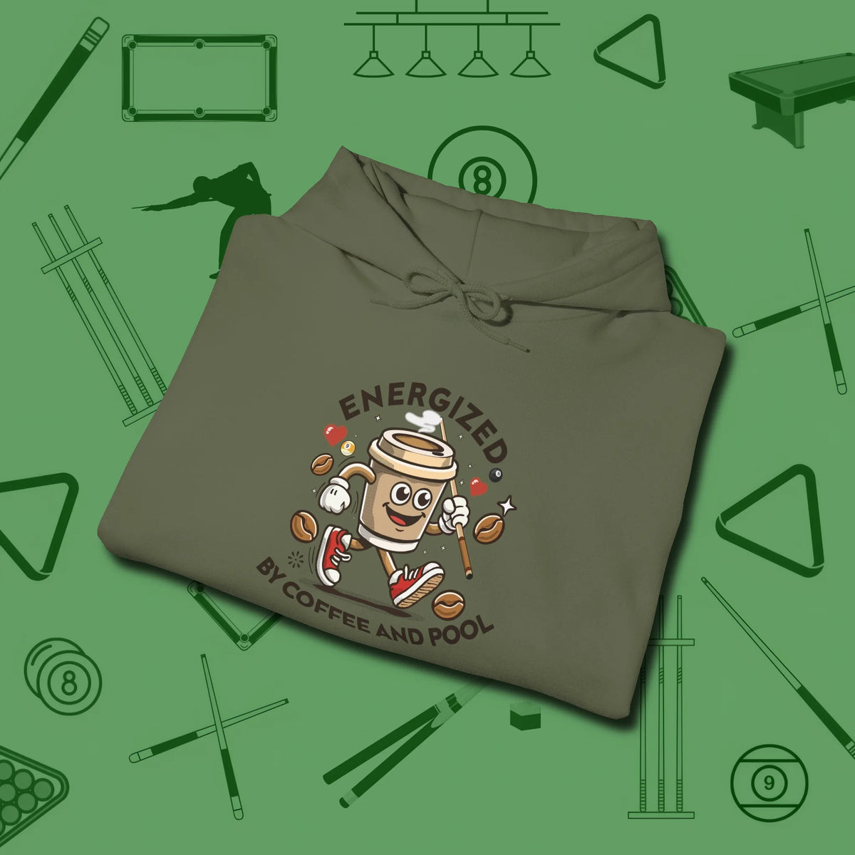 Energized By Coffee And Hoodie, folded view, in Military Green as serious as your stroke