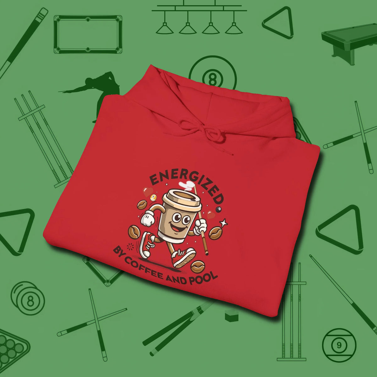 Energized By Coffee And Hoodie, folded view, in Red perfect for players with quiet fire