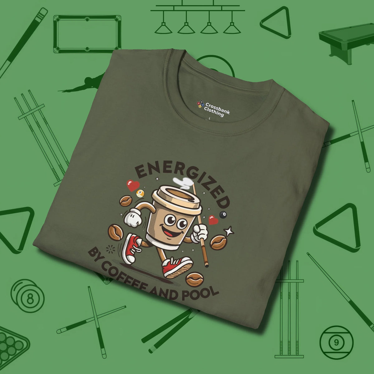 Energized By Coffee And T-Shirt, folded view, in Military Green for shooters who dress like they play: sharp