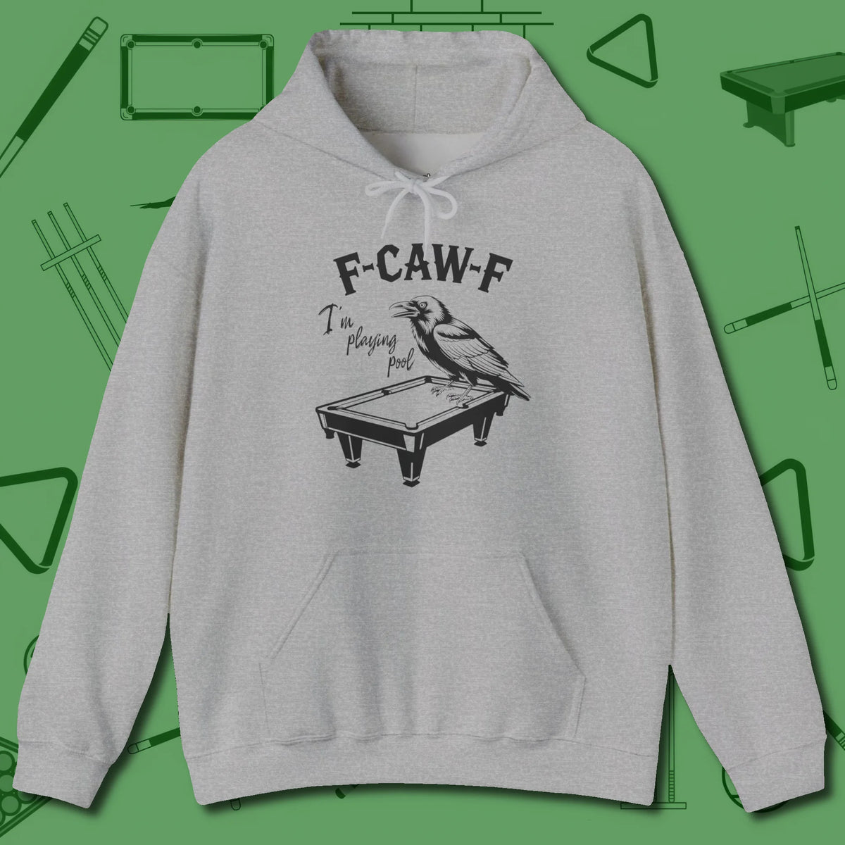 F-CAW-F Crow Hoodie, front view, in Sport Grey cue up respect every time you wear it