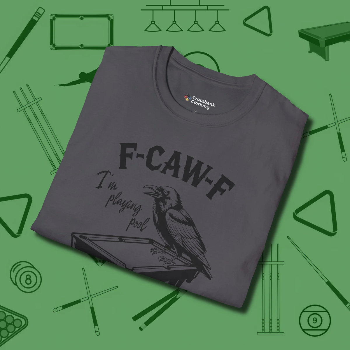 F-CAW-F Crow T-Shirt, folded view, in Charcoal earns respect before the first shot