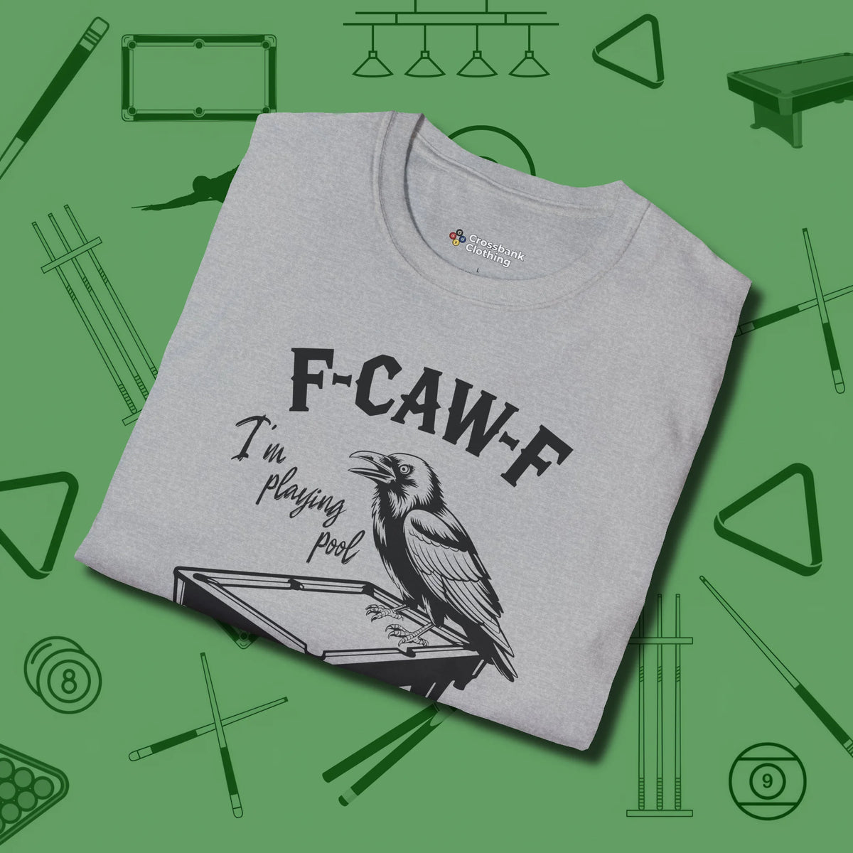 F-CAW-F Crow T-Shirt, folded view, in Sport Grey break, run out, turn heads — repeat