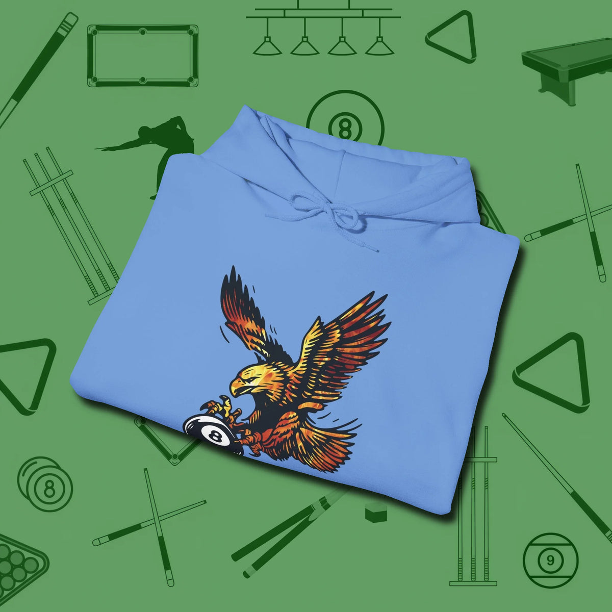 Fire Eagle Hoodie, folded view, in Carolina Blue for hustlers who keep it honest