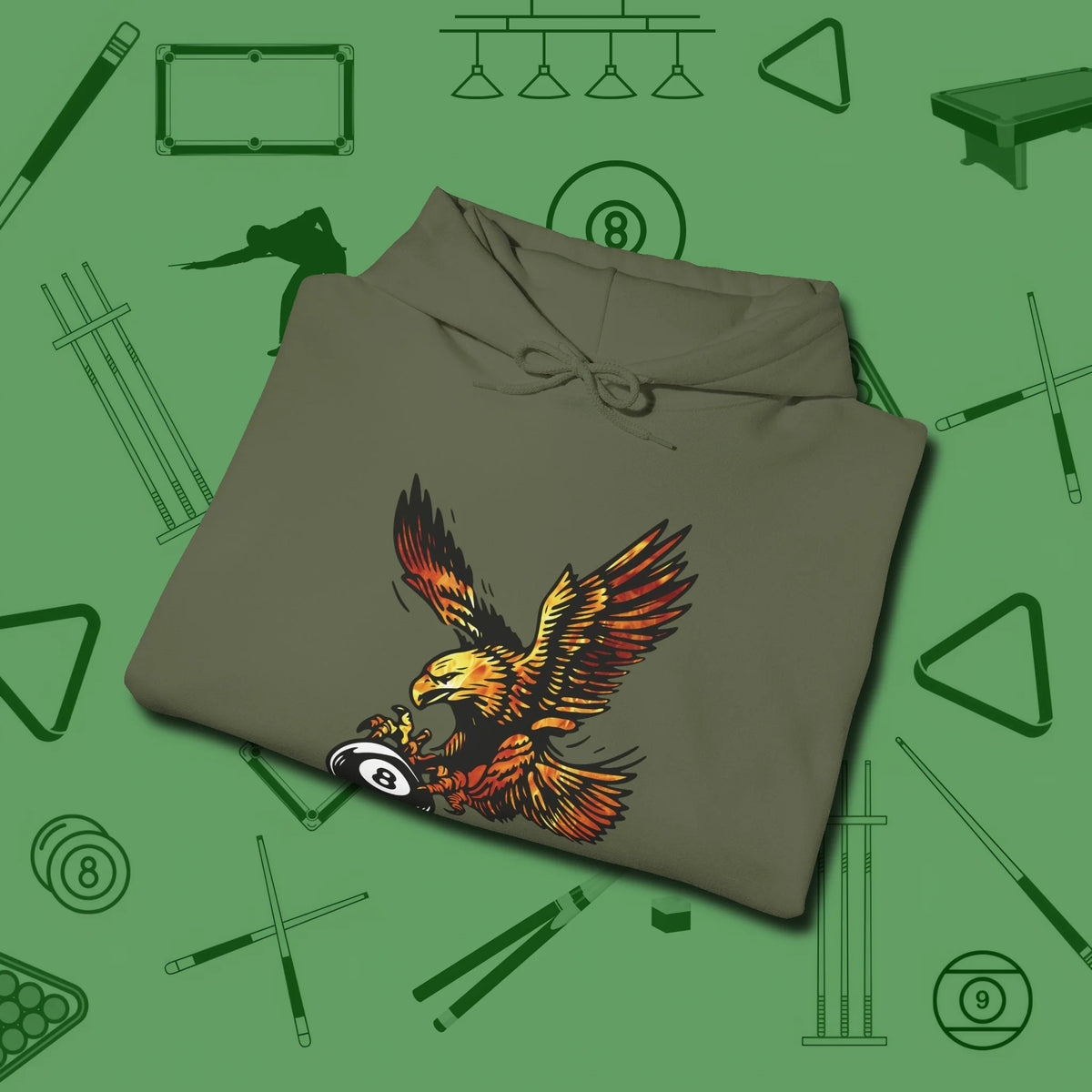 Fire Eagle Hoodie, folded view, in Military Green strike fear with swagger and precision