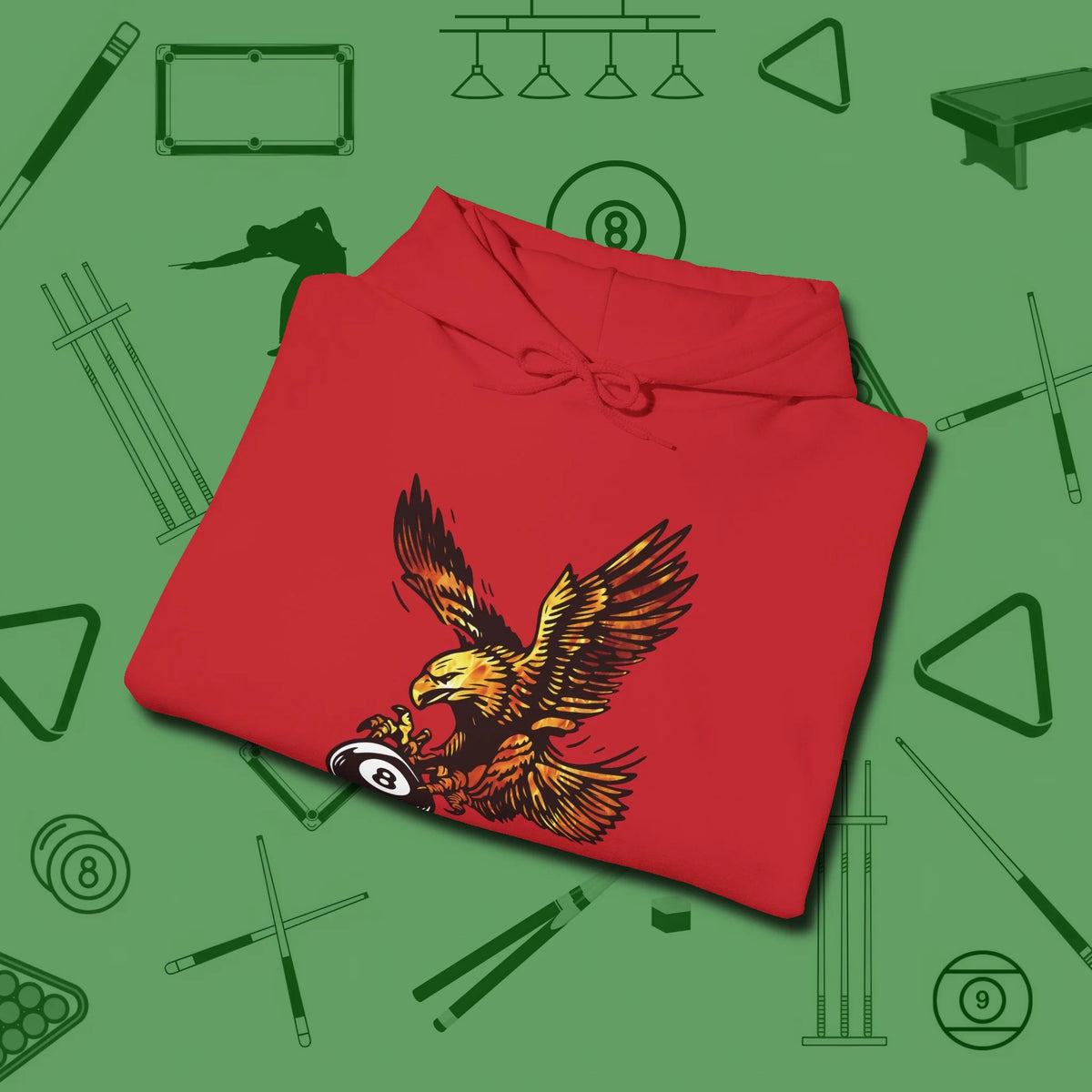 Fire Eagle Hoodie, folded view, in Red tough like your favorite break cue