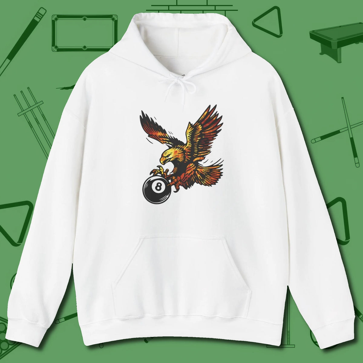 Fire Eagle Hoodie, front view, in White cue up respect every time you wear it