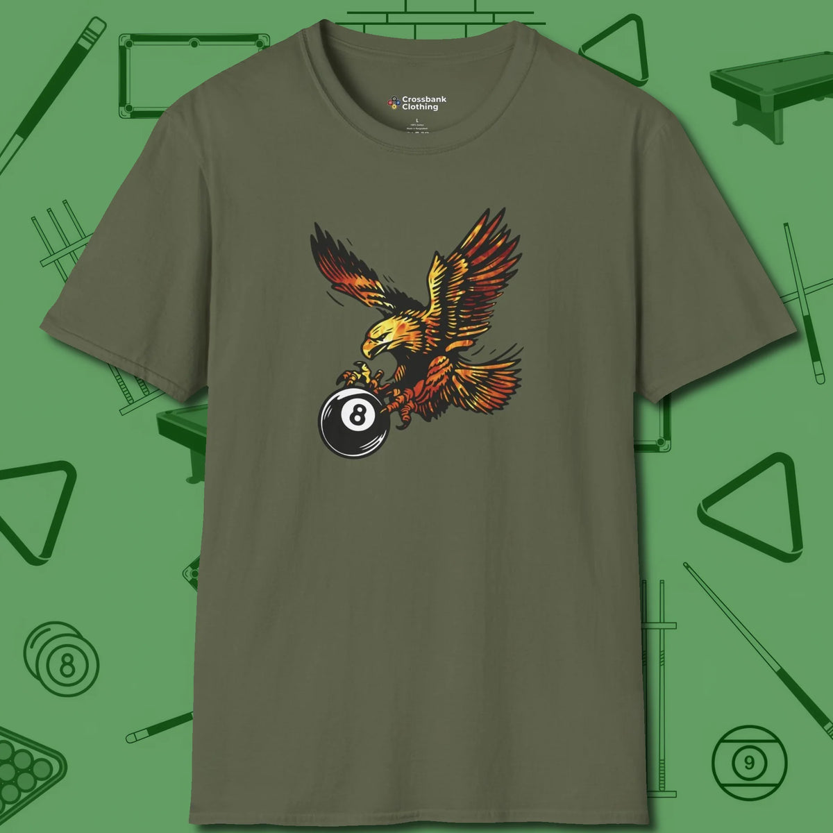 Fire Eagle T-Shirt, front view, in Military Green what champions wear between racks