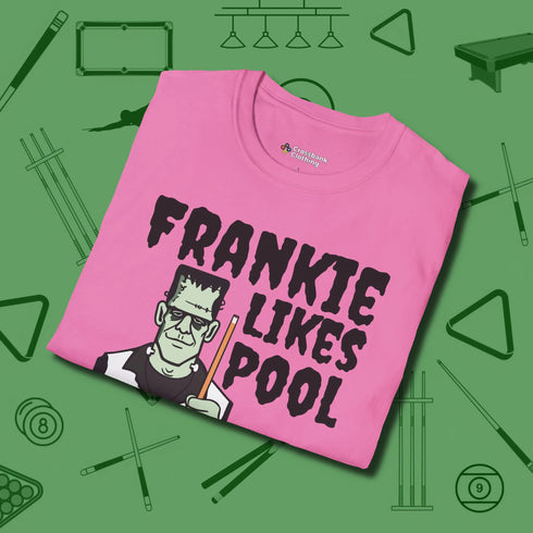 Frankie Likes Customizable T-Shirt, folded view, in Azalea precise, confident, always in control