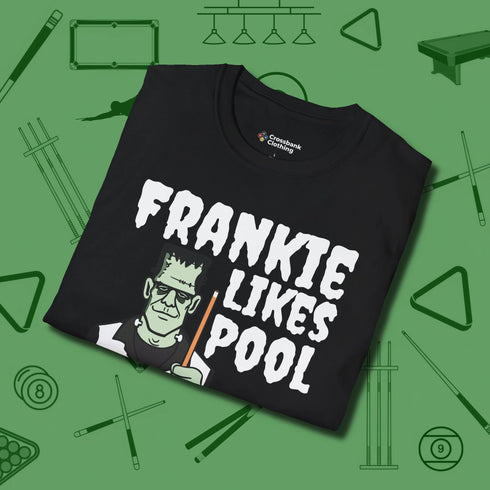Frankie Likes Customizable T-Shirt, folded view, in Black cue sports swagger done right