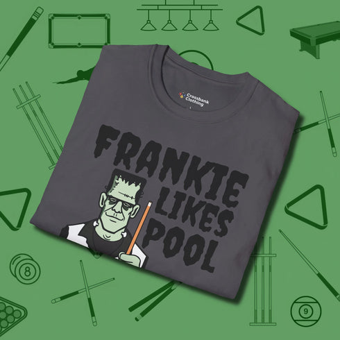 Frankie Likes Customizable T-Shirt, folded view, in Charcoal poolroom style with tournament attitude