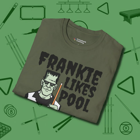 Frankie Likes Customizable T-Shirt, folded view, in Military Green strike fear with swagger and precision