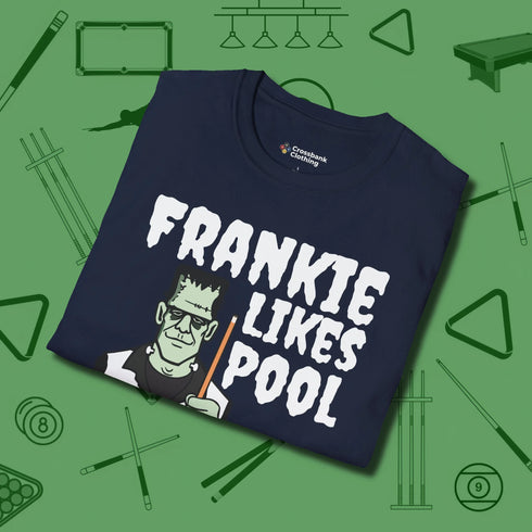 Frankie Likes Customizable T-Shirt, folded view, in Navy the official uniform of the after-hours crew