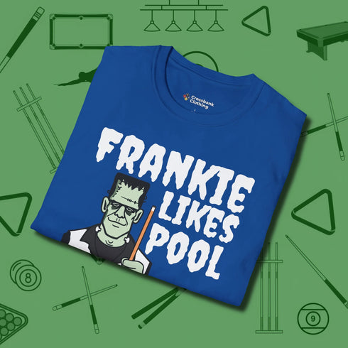 Frankie Likes Customizable T-Shirt, folded view, in Royal cool enough for a corner pocket finish