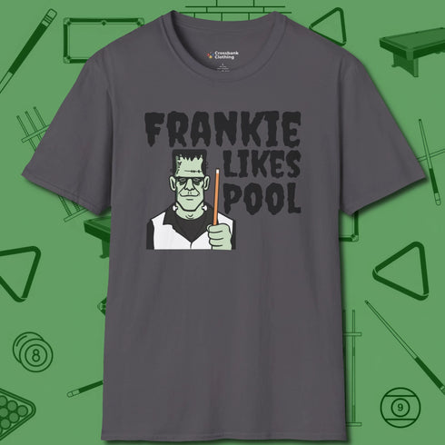 Frankie Likes Customizable T-Shirt, front view, in Charcoal earns respect before the first shot