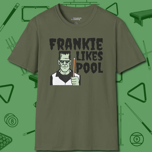 Frankie Likes Customizable T-Shirt, front view, in Military Green perfect for players with quiet fire