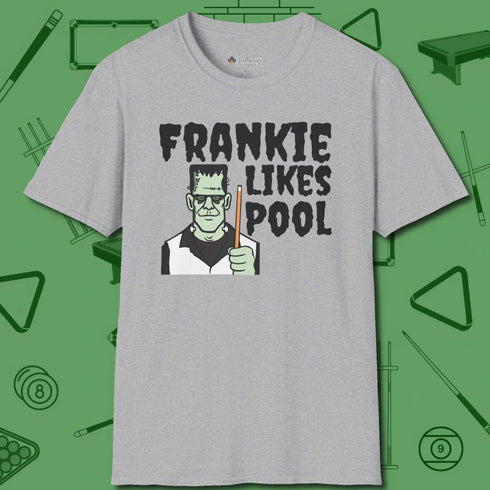 Frankie Likes Customizable T-Shirt, front view, in Sport Grey not your average 8-ball graphic tee
