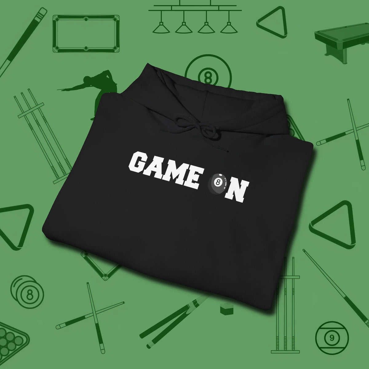 Game On Eight Ball Hoodie, folded view, in Black put your best game on display