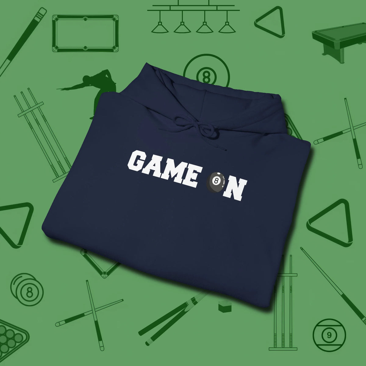 Game On Eight Ball Hoodie, folded view, in Navy play in style, win in silence
