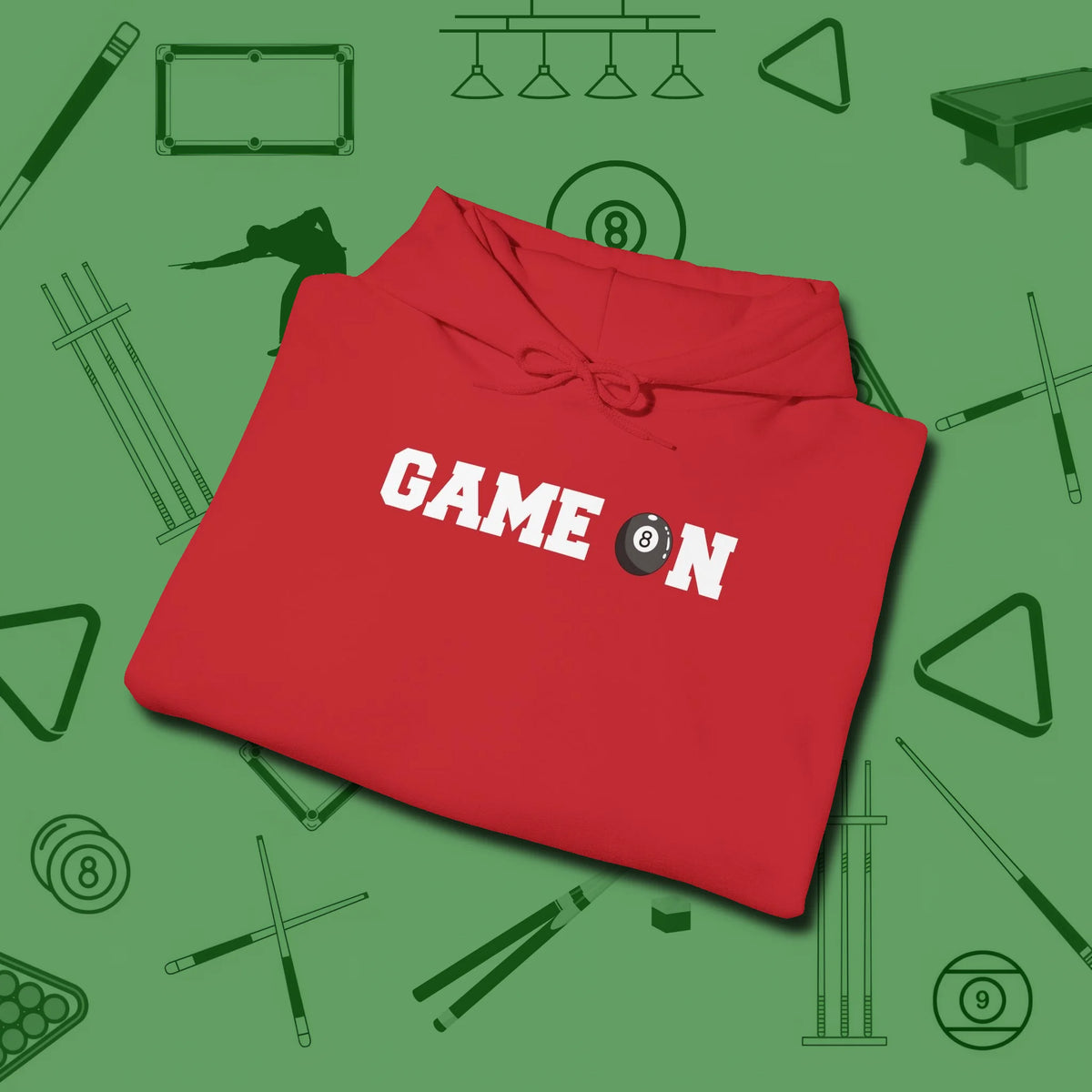 Game On Eight Ball Hoodie, folded view, in Red because you don’t just play — you represent