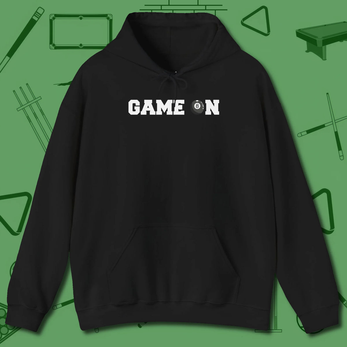 Game On Eight Ball Hoodie, front view, in Black attitude built for the long haul