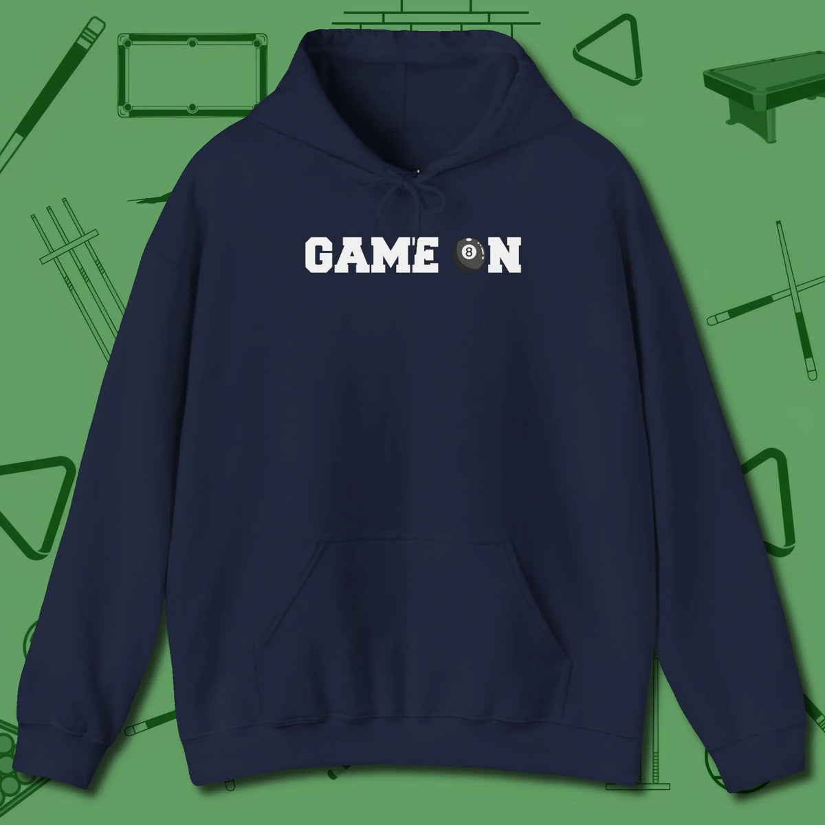 Game On Eight Ball Hoodie, front view, in Navy like your stroke — smooth and deliberate