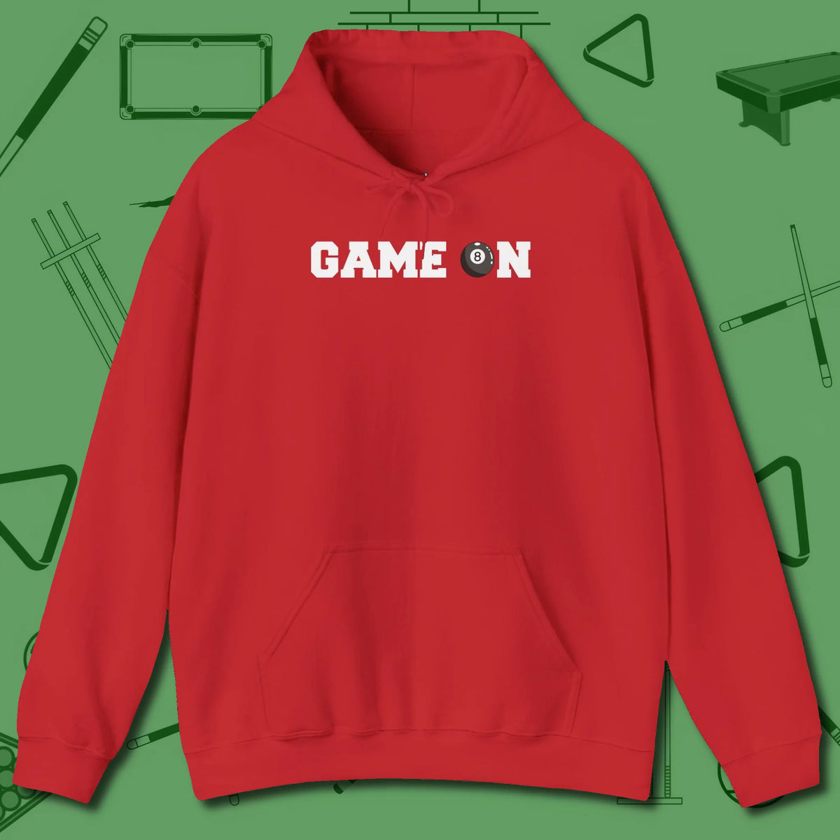 Game On Eight Ball Hoodie, front view, in Red fashion with break-and-run energy
