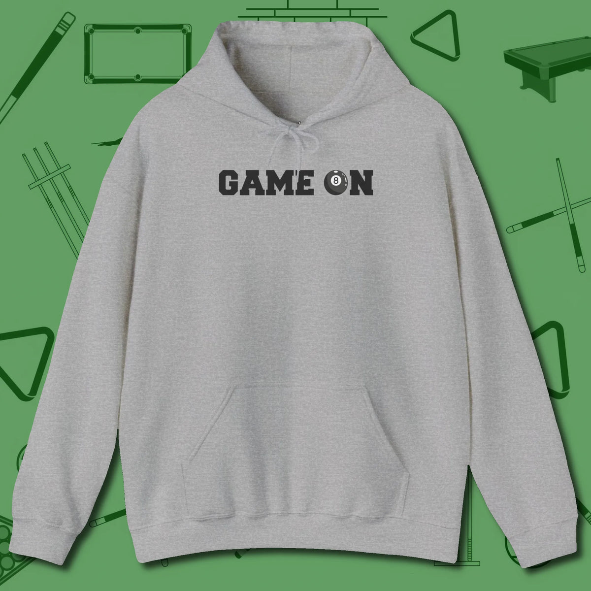 Game On Eight Ball Hoodie, front view, in Sport Grey not your average 8-ball graphic tee