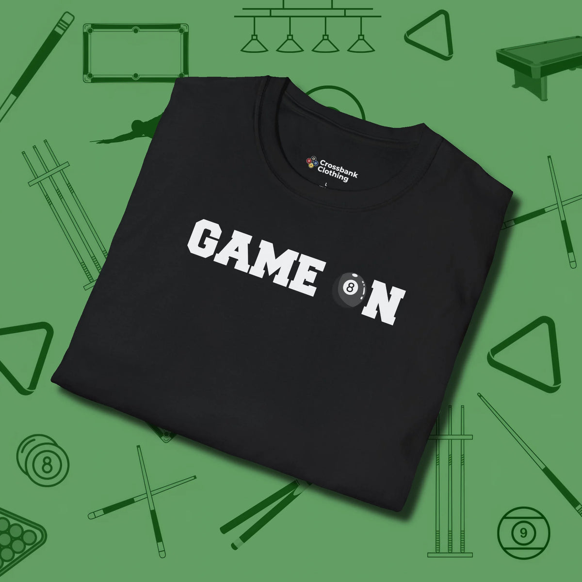Game On Eight Ball T-Shirt, folded view, in Black subtle drip for serious shooters