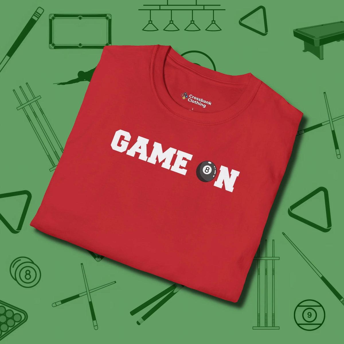 Game On Eight Ball T-Shirt, folded view, in Red as serious as your stroke