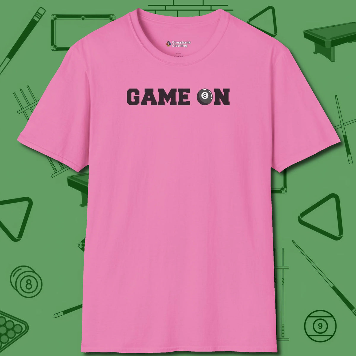 Game On Eight Ball T-Shirt, front view, in Azalea for shooters who dress like they play: sharp