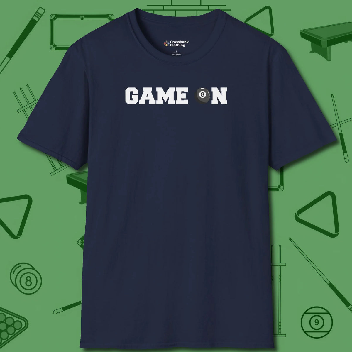 Game On Eight Ball T-Shirt, front view, in Navy play in style, win in silence