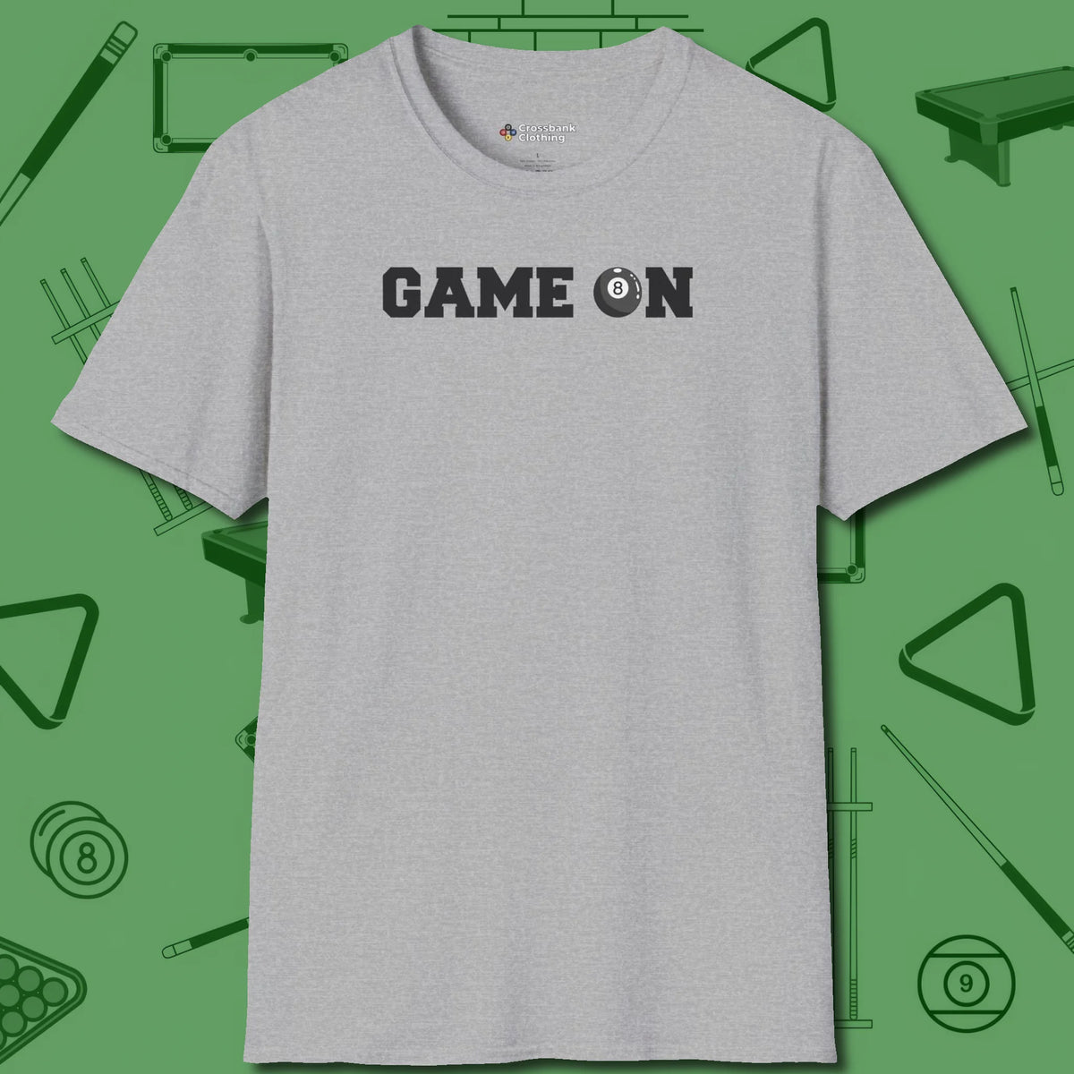 Game On Eight Ball T-Shirt, front view, in Sport Grey fashion with break-and-run energy