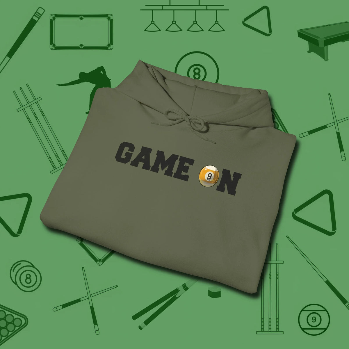 Game On Nine Ball Hoodie, folded view, in Military Green a clean fit for the dirtiest safeties