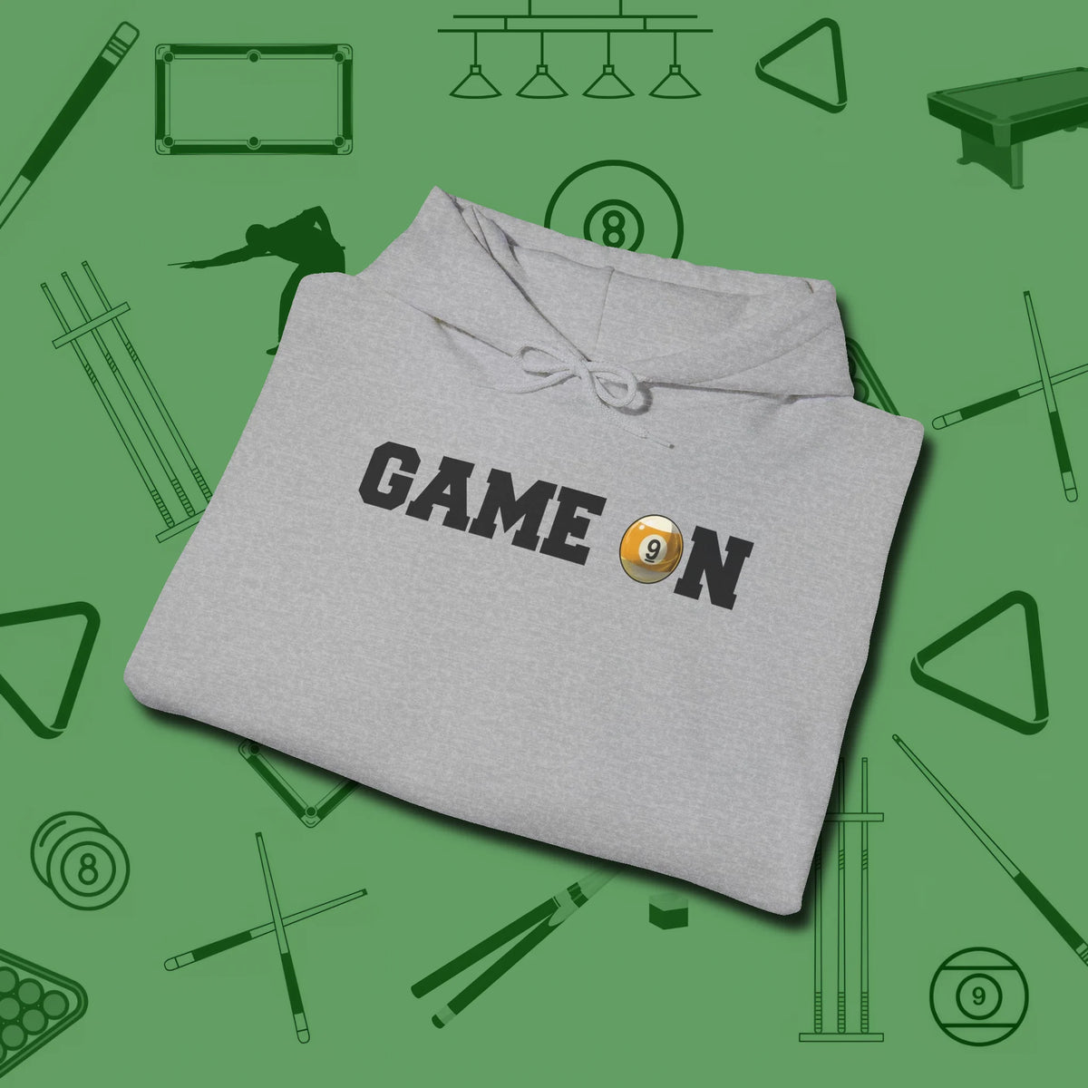 Game On Nine Ball Hoodie, folded view, in Sport Grey break, run out, turn heads — repeat