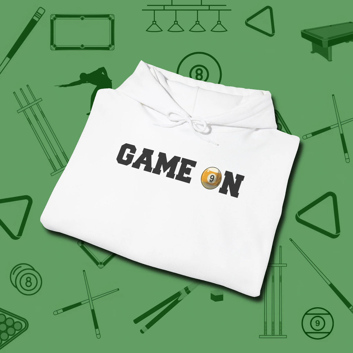 Game On Nine Ball Hoodie, folded view, in White helps your stroke and your style