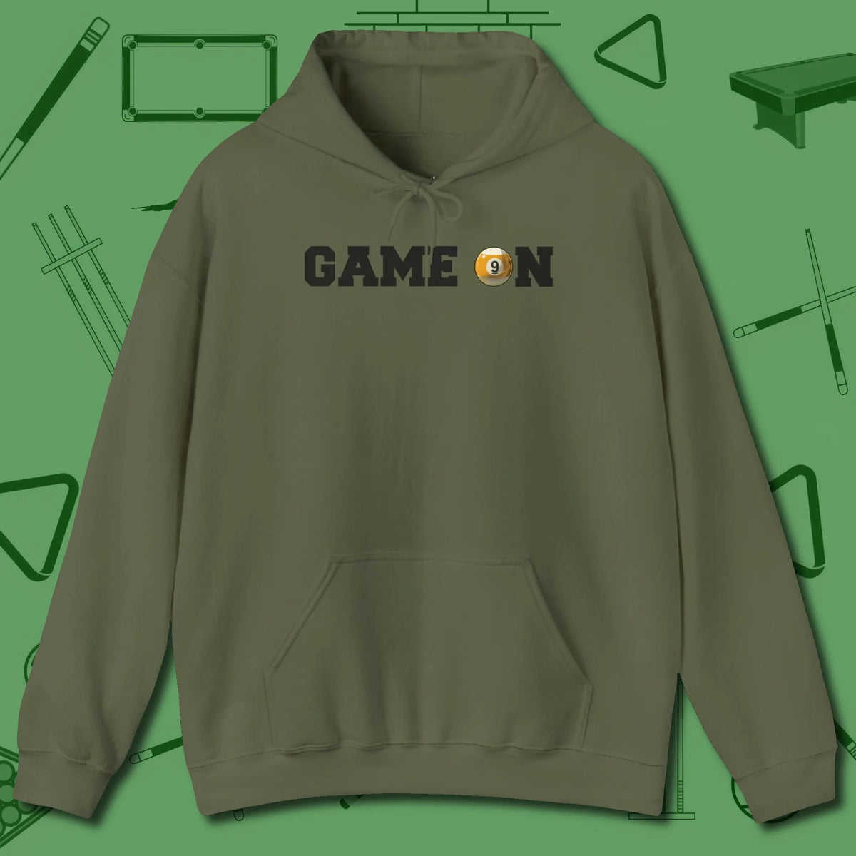 Game On Nine Ball Hoodie, front view, in Military Green as serious as your stroke