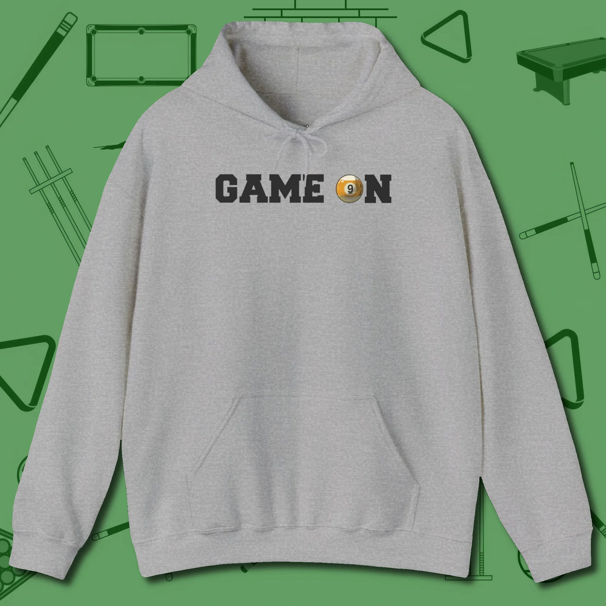 Game On Nine Ball Hoodie, front view, in Sport Grey table-tested, street-approved style