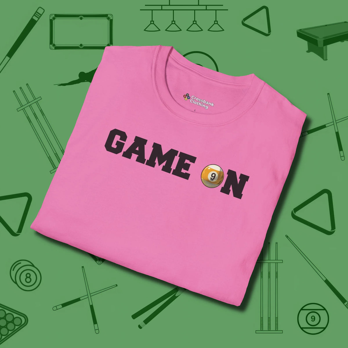Game On Nine Ball T-Shirt, folded view, in Azalea subtle drip for serious shooters