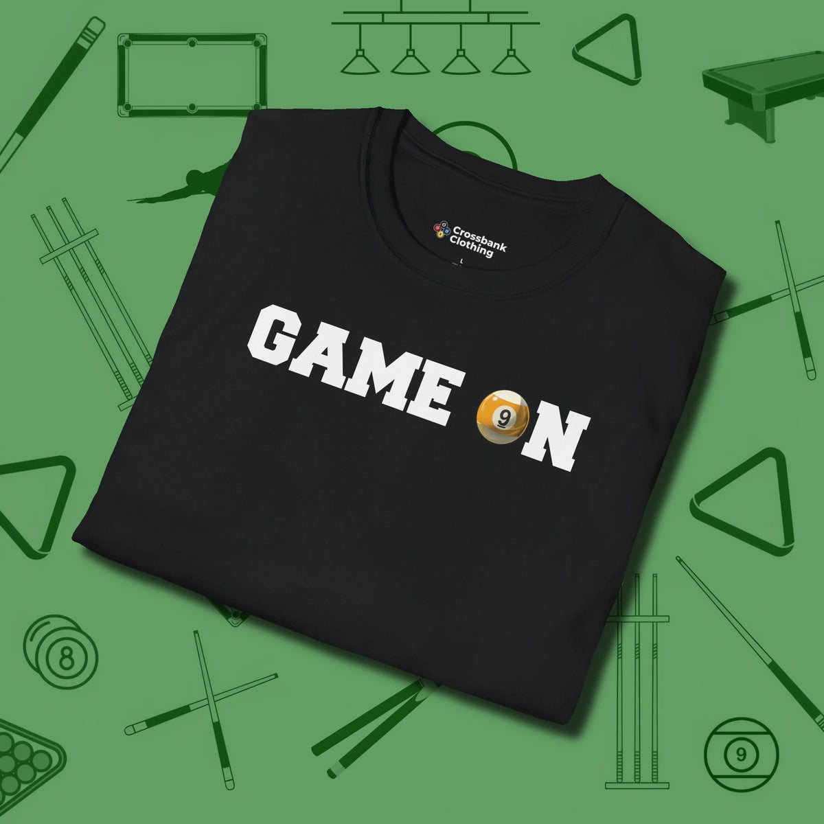 Game On Nine Ball T-Shirt, folded view, in Black not your average 8-ball graphic tee