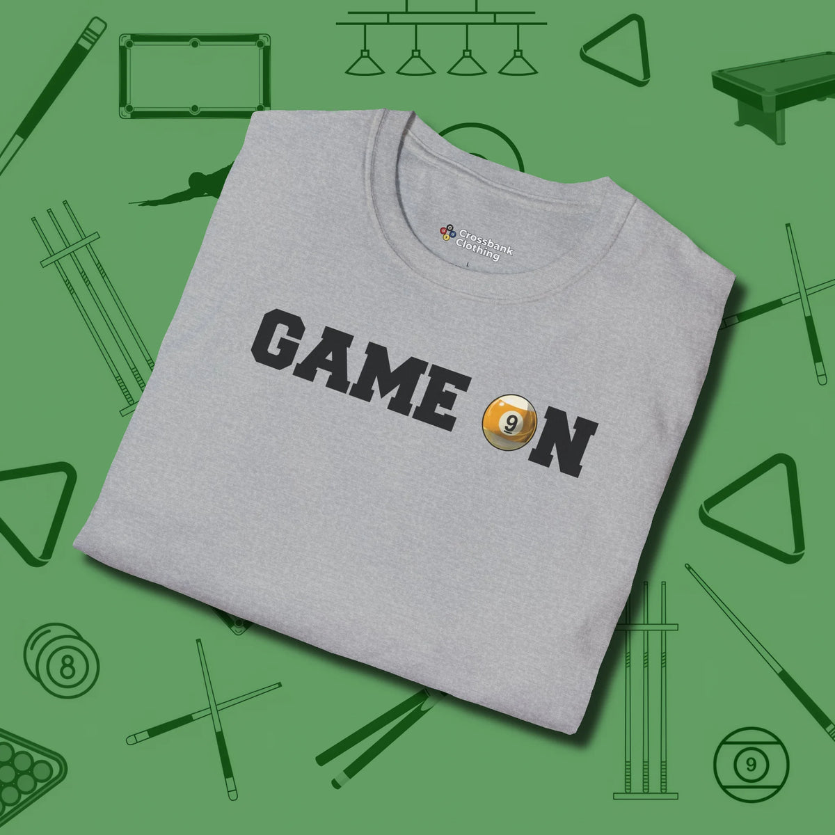 Game On Nine Ball T-Shirt, folded view, in Sport Grey it’s not a hobby — it’s a lifestyle