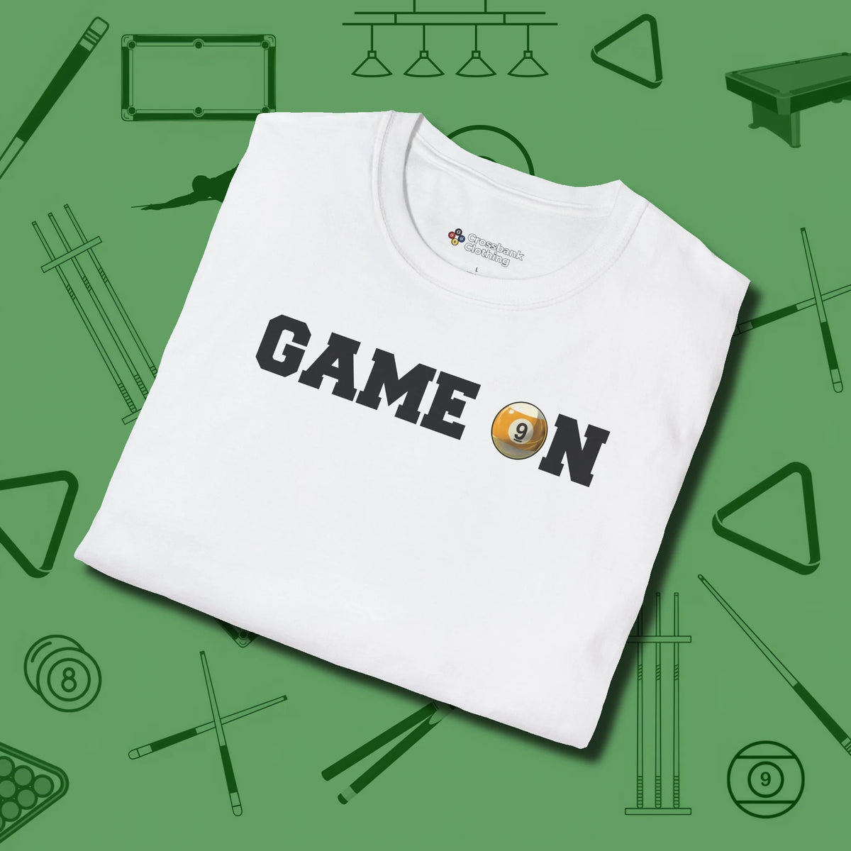 Game On Nine Ball T-Shirt, folded view, in White look good while calling your pocket