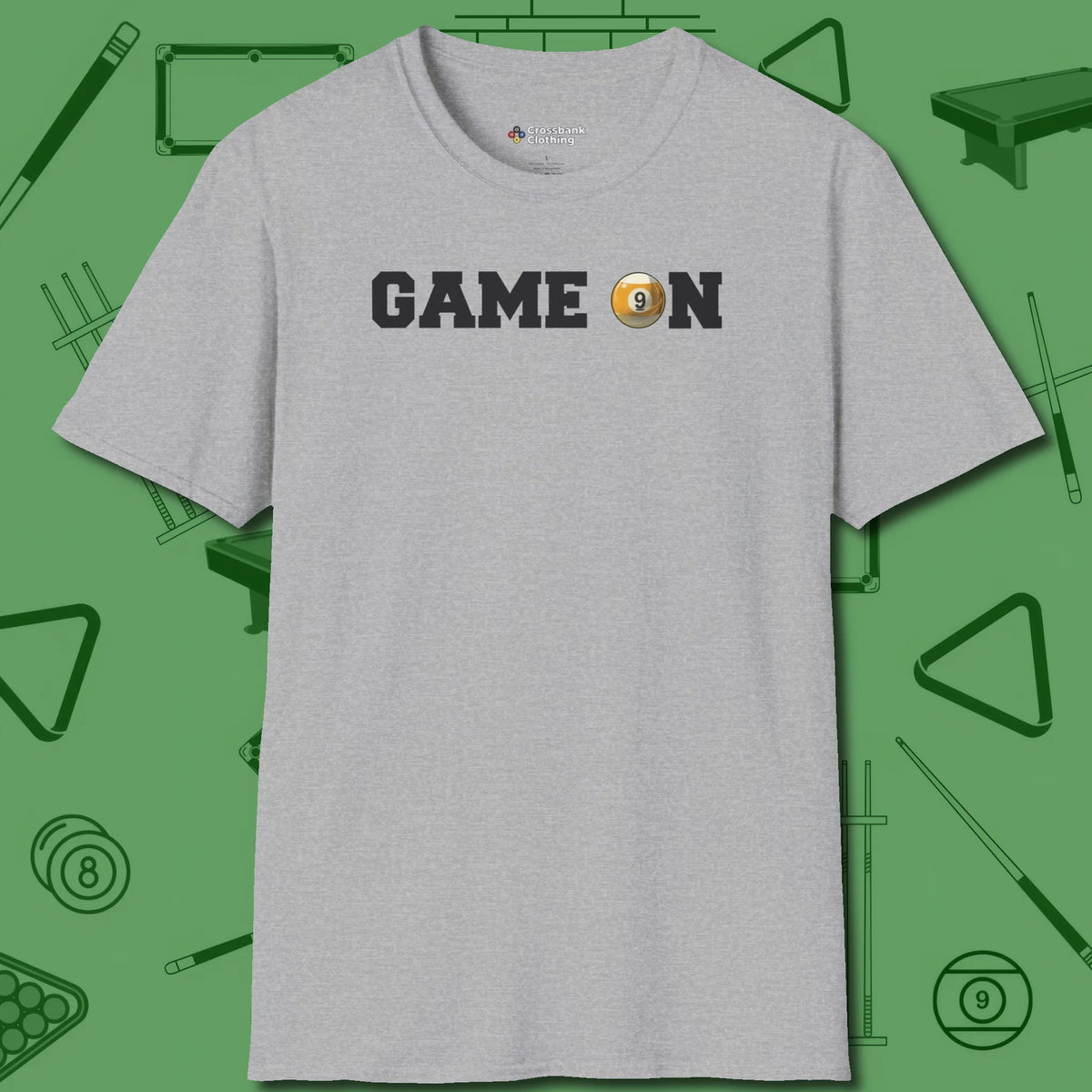 Game On Nine Ball T-Shirt, front view, in Sport Grey put your best game on display