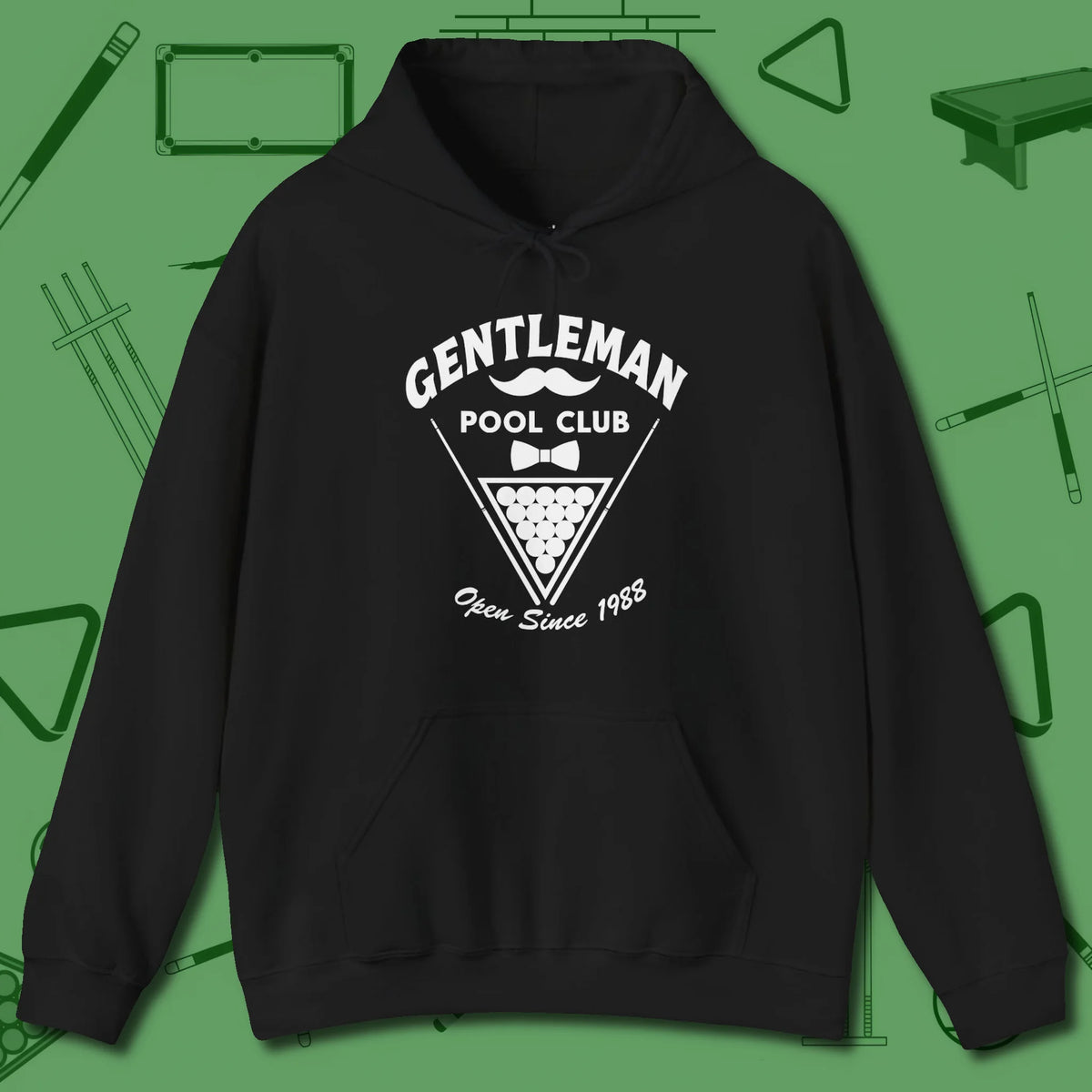 Gentleman Club Hoodie, front view, in Black not your average 8-ball graphic tee