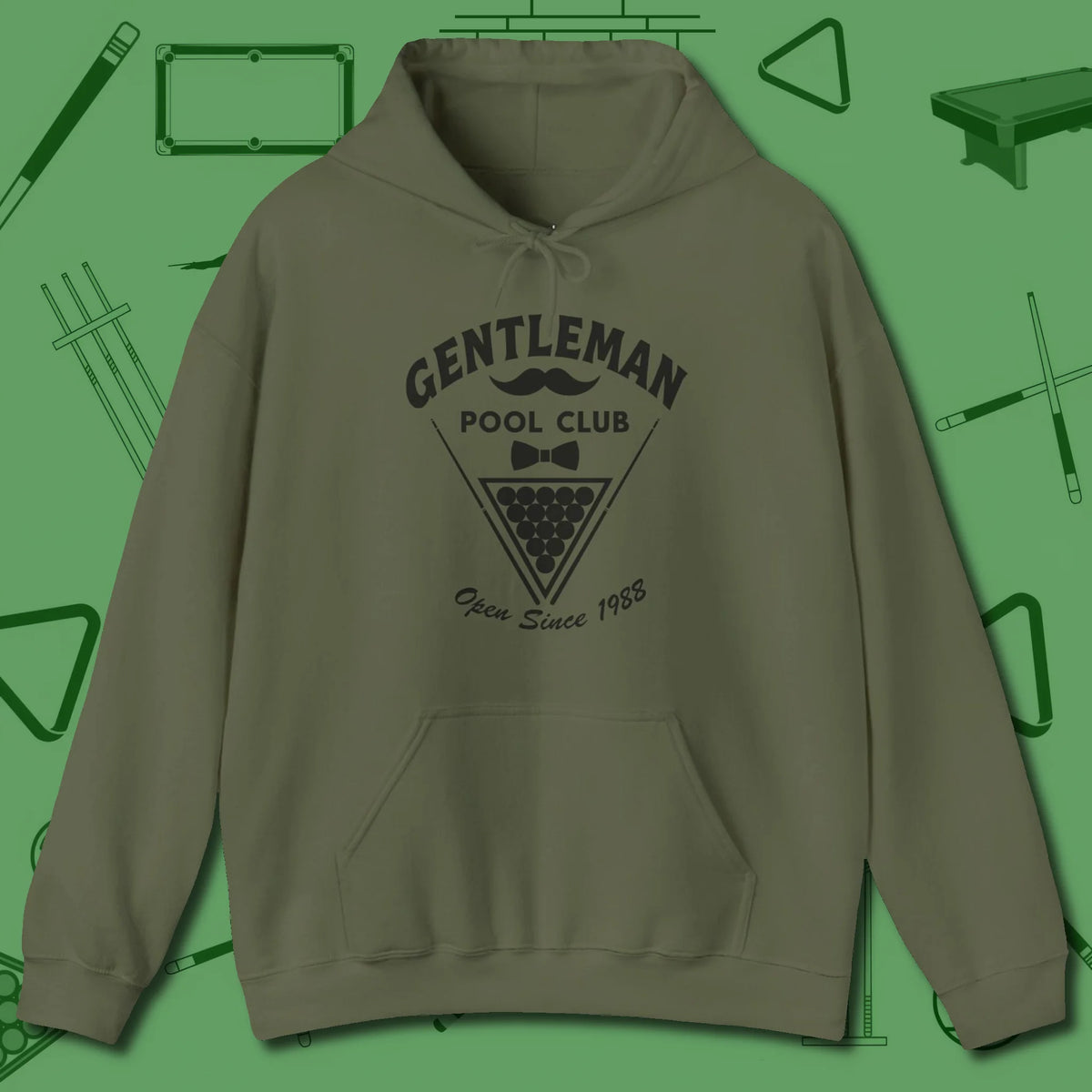 Gentleman Club Hoodie, front view, in Military Green play in style, win in silence