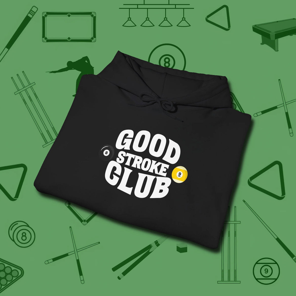Good Stroke Club Hoodie, folded view, in Black cool enough for a corner pocket finish