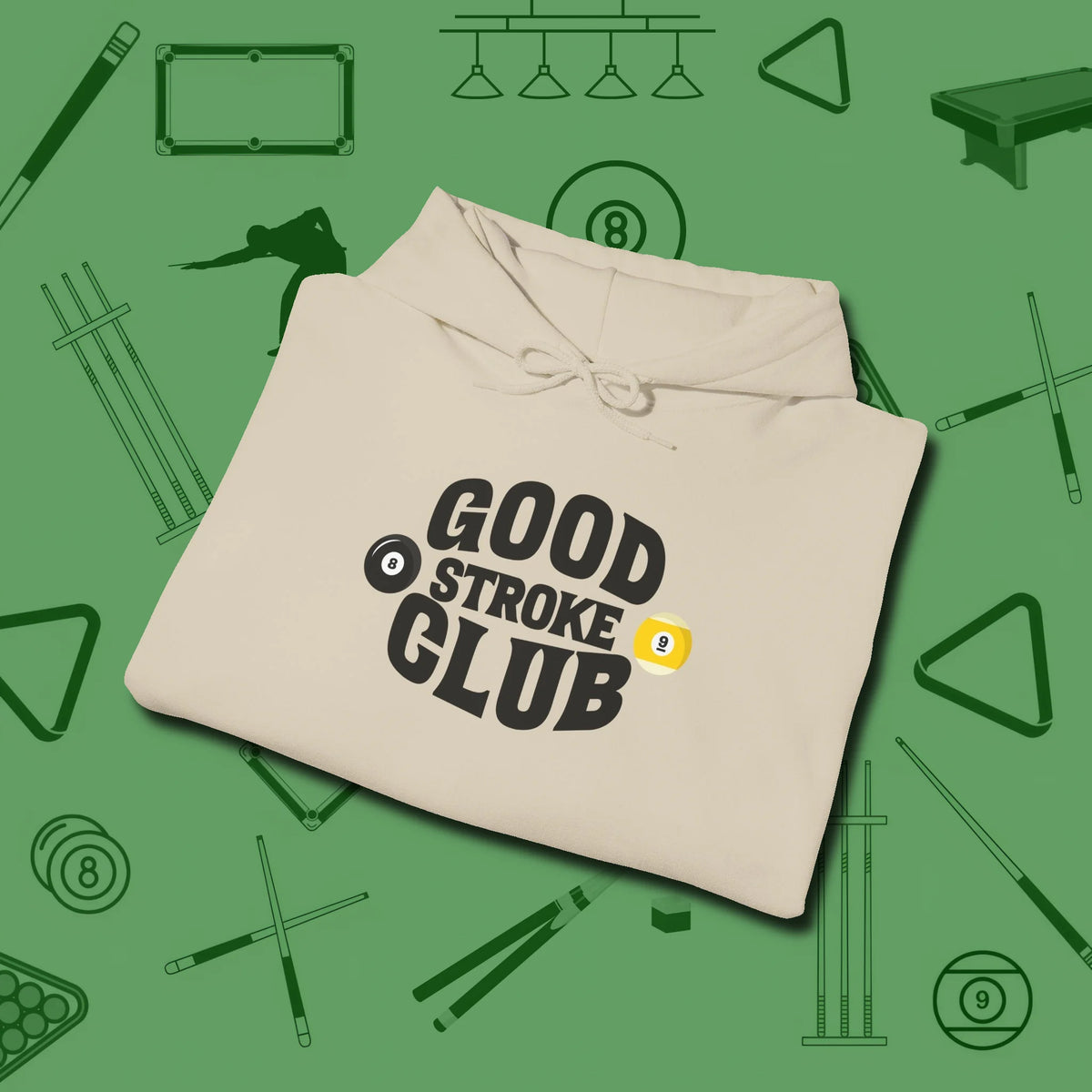 Good Stroke Club Hoodie, folded view, in Sand look good while calling your pocket