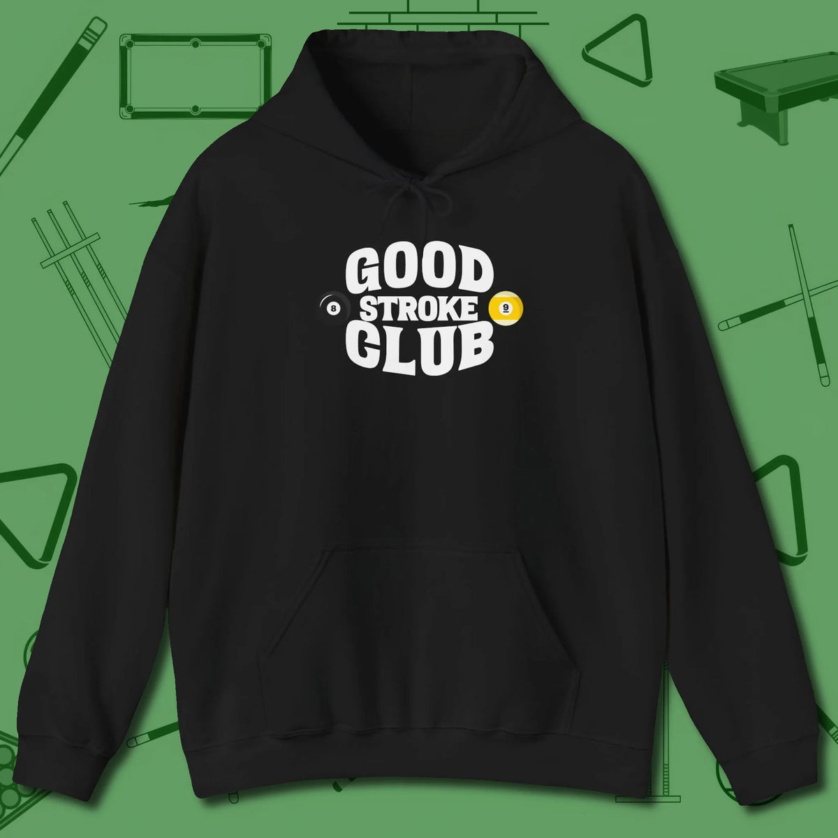 Good Stroke Club Hoodie, front view, in Black designed for dead stroke and deadpan looks