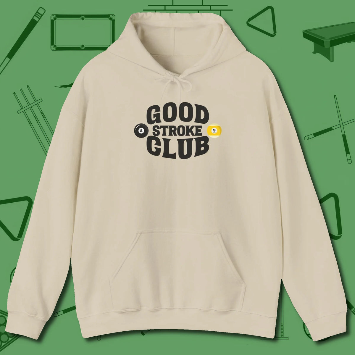 Good Stroke Club Hoodie, front view, in Sand your secret weapon off the table