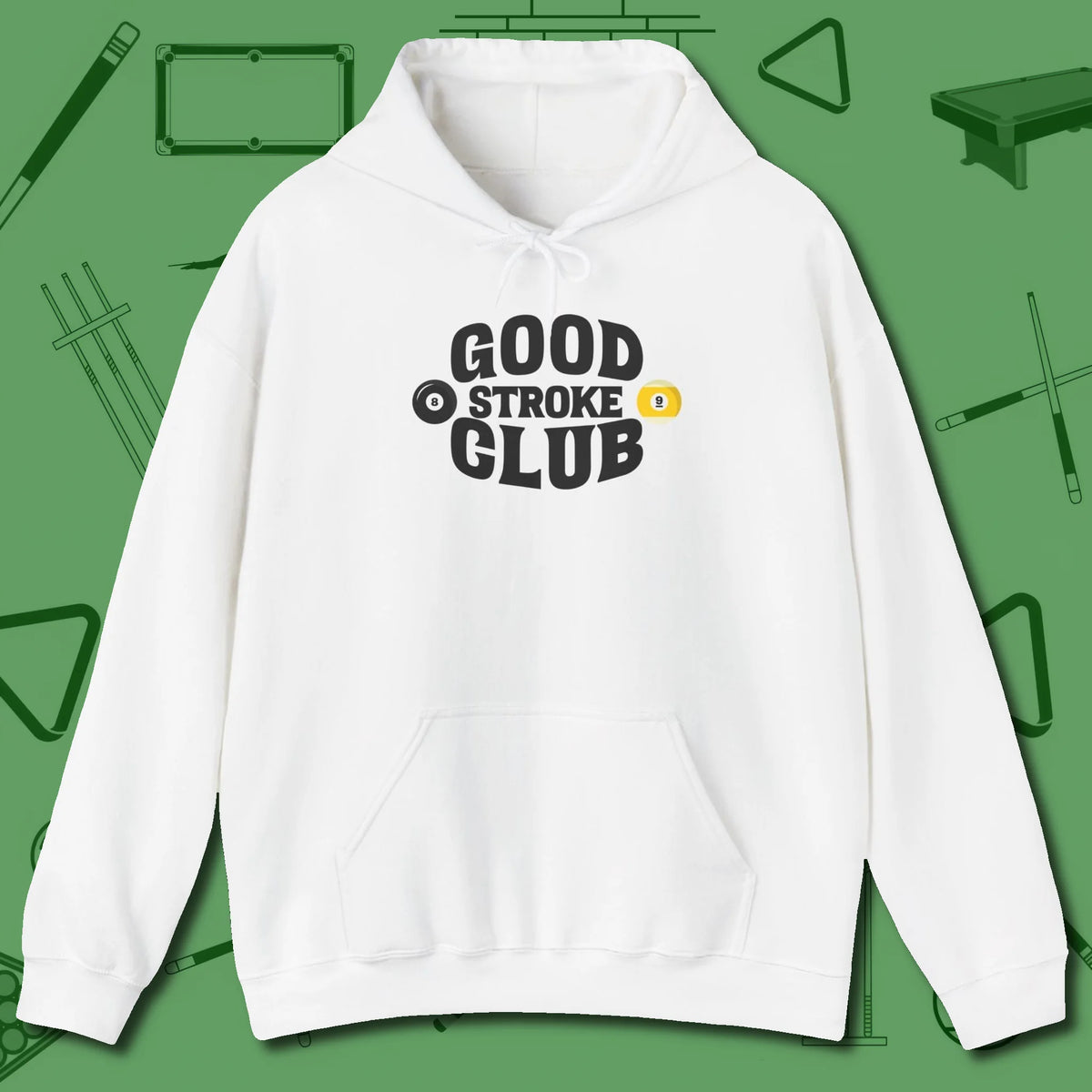 Good Stroke Club Hoodie, front view, in White look good while calling your pocket